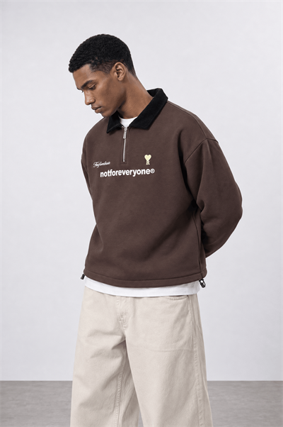Erkek Not For Everyone Nakışlı Polo Yaka Oversize Sweatshirt Kahve