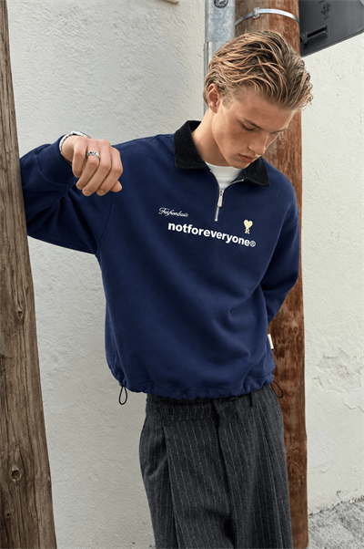 Erkek Not For Everyone Nakışlı Polo Yaka Oversize Sweatshirt Lacivert