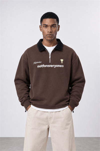 Erkek Not For Everyone Nakışlı Polo Yaka Oversize Sweatshirt Kahve