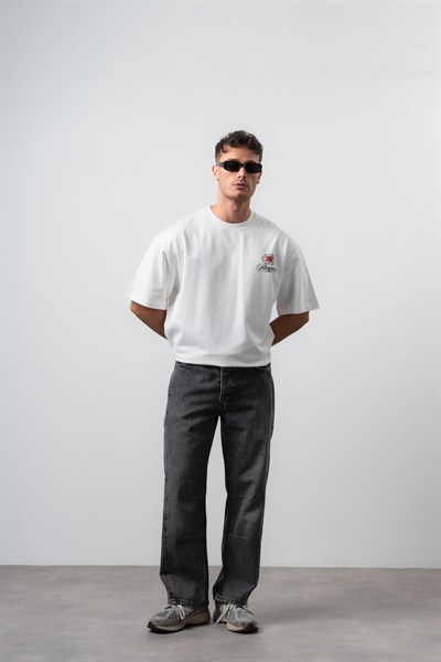 Erkek Notre Baskılı Oversize T-Shirt Ekru