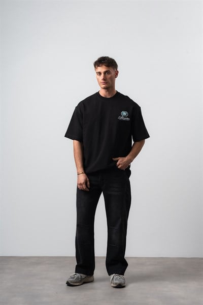 Erkek Notre Baskılı Oversize T-Shirt Siyah
