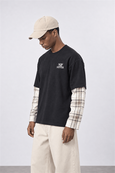 Erkek Now Or Never Nakışlı Double Sleeve Oversize Sweatshirt Siyah