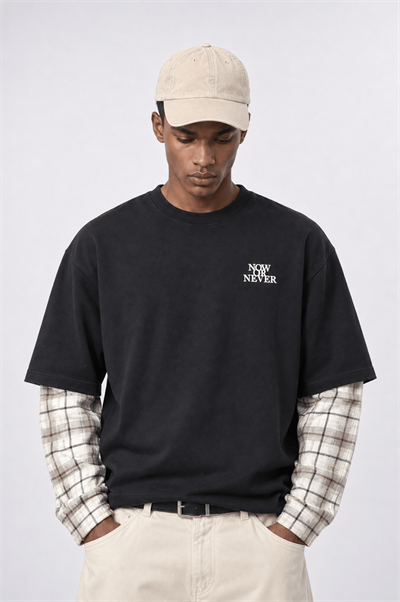 Erkek Now Or Never Nakışlı Double Sleeve Oversize Sweatshirt Siyah