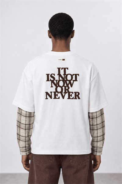 Erkek Now Or Never Nakışlı Double Sleeve Oversize Sweatshirt Ekru