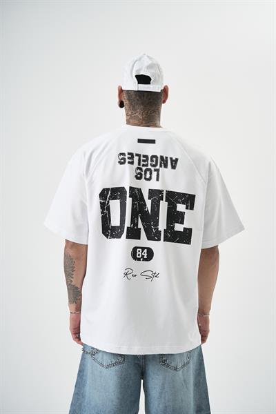 Erkek One Baskılı Oversize T-Shirt Beyaz