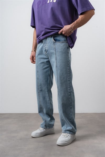Erkek Önü Dikiş Detaylı Baggy Jean Mavi