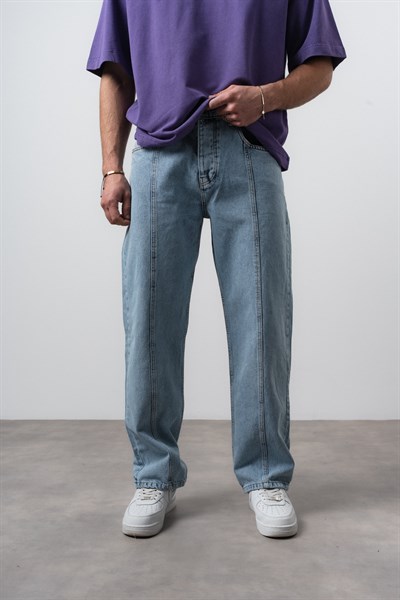 Erkek Önü Dikiş Detaylı Baggy Jean Mavi