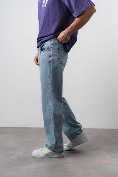 Erkek Önü Dikiş Detaylı Baggy Jean Mavi