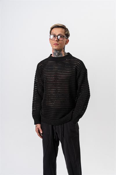 Erkek Örgü Detaylı Triko Siyah