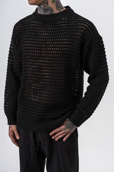 Erkek Örgü Detaylı Triko Siyah