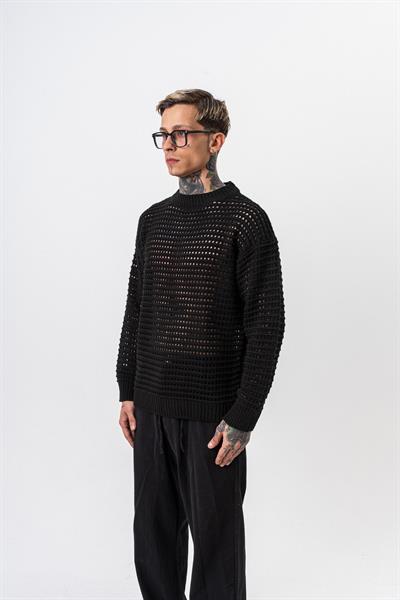 Erkek Örgü Detaylı Triko Siyah