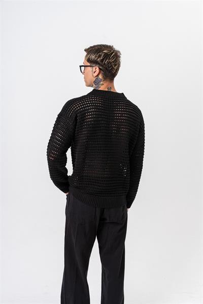 Erkek Örgü Detaylı Triko Siyah