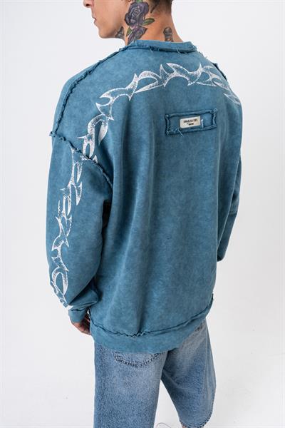 Erkek Origin Baskılı Yıkamalı Bisiklet Yaka Oversize Sweatshirt Petrol