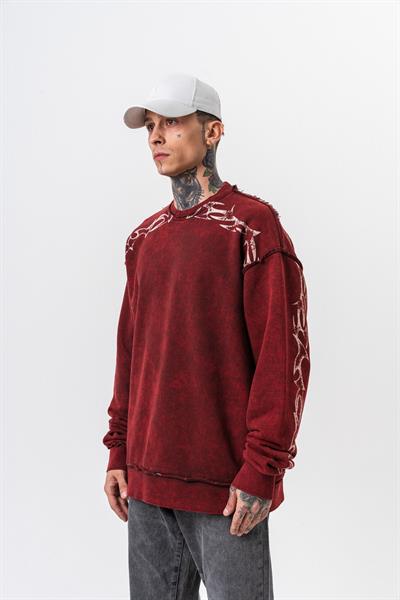 Erkek Origin Baskılı Yıkamalı Bisiklet Yaka Oversize Sweatshirt Bordo