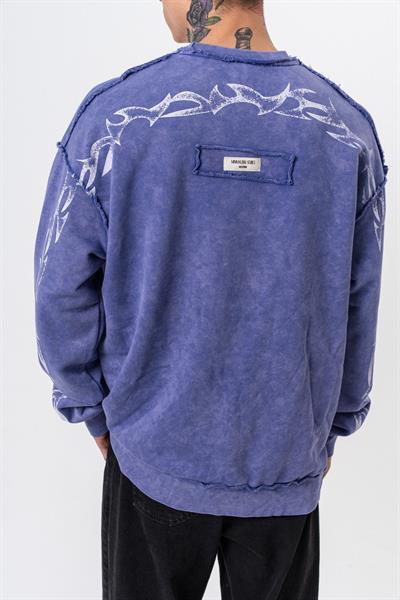 Erkek Origin Baskılı Yıkamalı Bisiklet Yaka Oversize Sweatshirt Mor