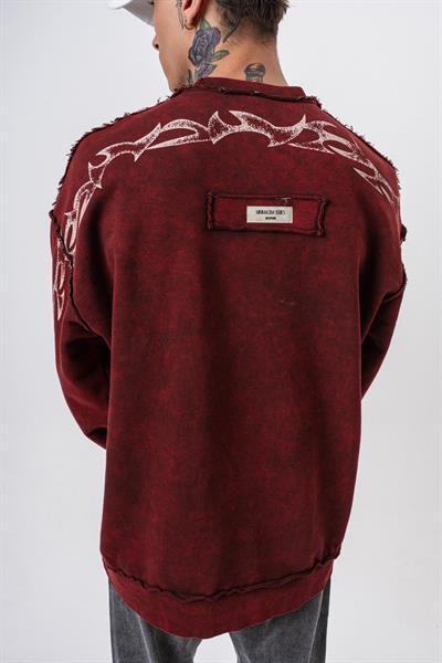 Erkek Origin Baskılı Yıkamalı Bisiklet Yaka Oversize Sweatshirt Bordo