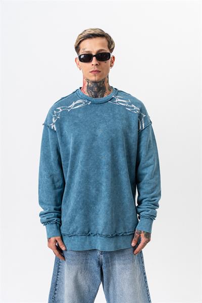 Erkek Origin Baskılı Yıkamalı Bisiklet Yaka Oversize Sweatshirt Petrol