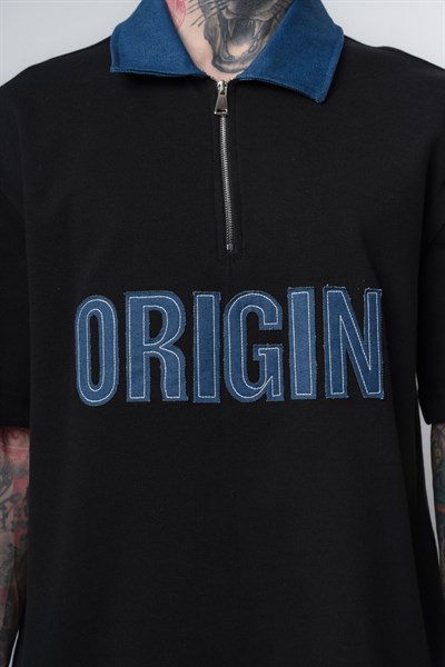 Erkek Origin Nakışlı Polo Yaka Regular Fit T-Shirt Siyah