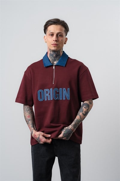 Erkek Origin Nakışlı Polo Yaka Regular Fit T-Shirt Bordo