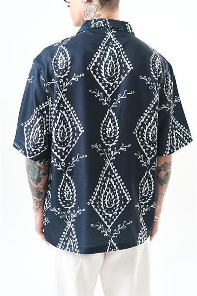 Erkek Pais Pattern Baskılı Oversize Gömlek Beyaz
