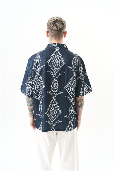 Erkek Pais Pattern Baskılı Oversize Gömlek Beyaz