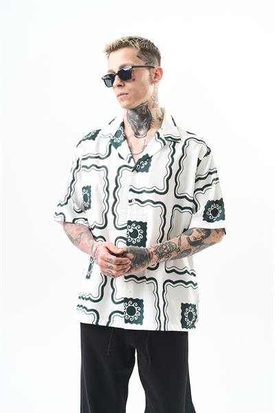 Erkek Paisley Pattern Baskılı Oversize Gömlek Beyaz
