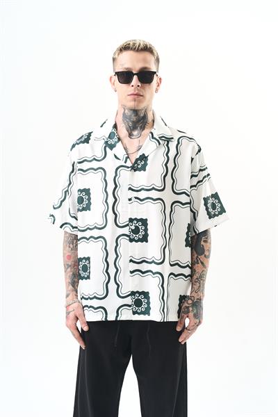 Erkek Paisley Pattern Baskılı Oversize Gömlek Beyaz