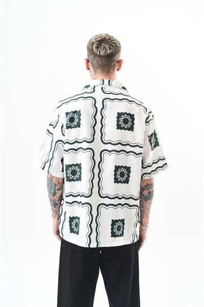 Erkek Paisley Pattern Baskılı Oversize Gömlek Beyaz