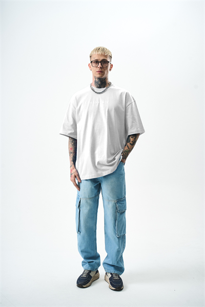 Erkek Palm Baskılı Oversize T-Shirt Beyaz