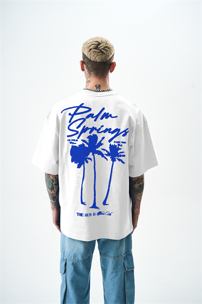 Erkek Palm Baskılı Oversize T-Shirt Beyaz