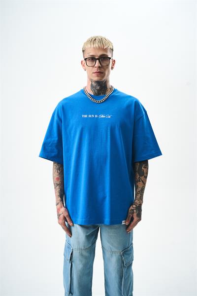 Erkek Palm Baskılı Oversize T-Shirt Mavi