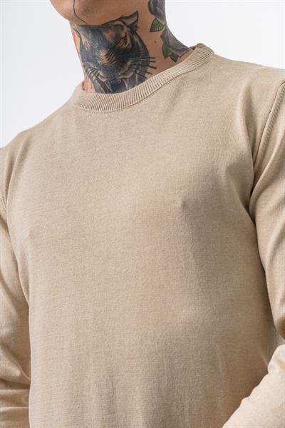Erkek Pamuk Karışımı Bisiklet Yaka Örme Triko Bej