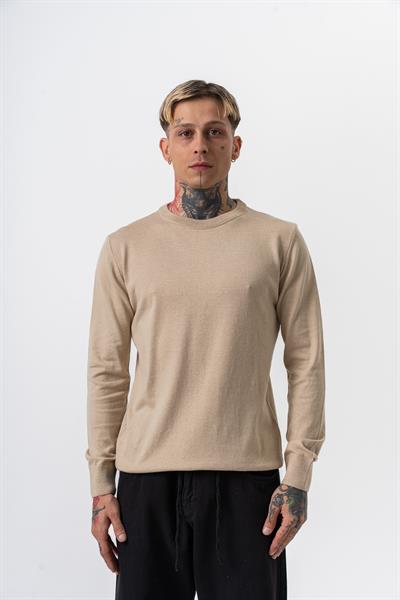 Erkek Pamuk Karışımı Bisiklet Yaka Örme Triko Bej