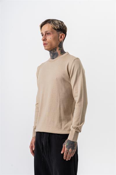 Erkek Pamuk Karışımı Bisiklet Yaka Örme Triko Bej