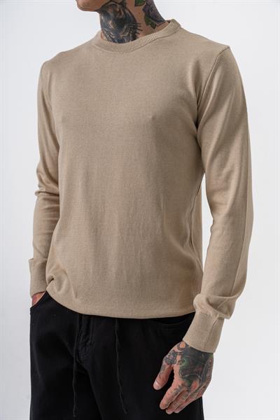 Erkek Pamuk Karışımı Bisiklet Yaka Örme Triko Bej
