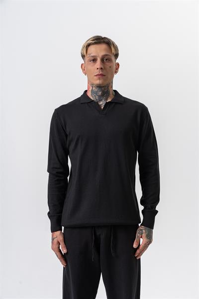 Erkek Pamuk Karışımı Polo Yaka Örme Triko Siyah