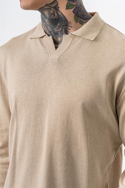 Erkek Pamuk Karışımı Polo Yaka Örme Triko Bej