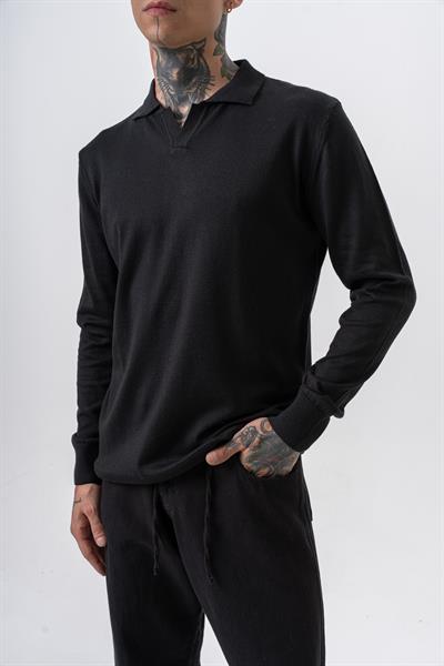 Erkek Pamuk Karışımı Polo Yaka Örme Triko Siyah