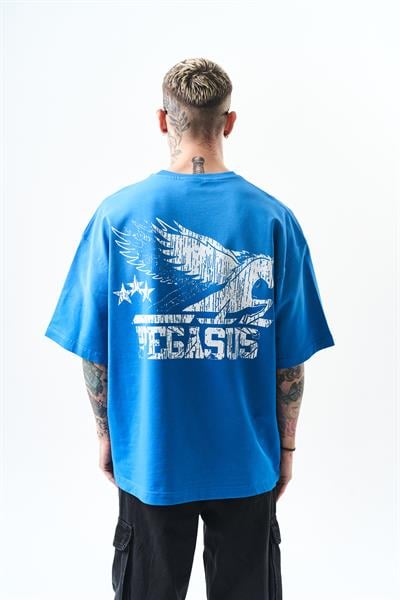 Erkek Pegasus Baskılı Oversize T-Shirt Mavi
