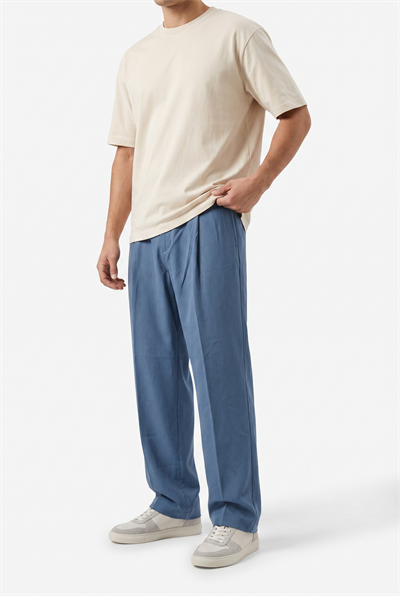 Erkek Pile Detaylı Dokuma Baggy Pantolon Mavi