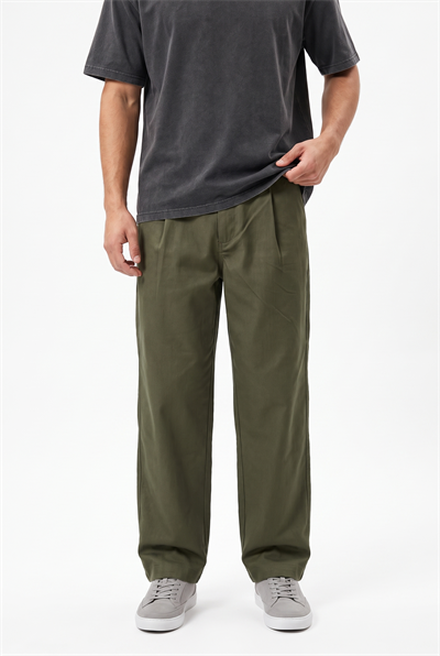 Erkek Pile Detaylı Kumaş Baggy Pantolon Haki