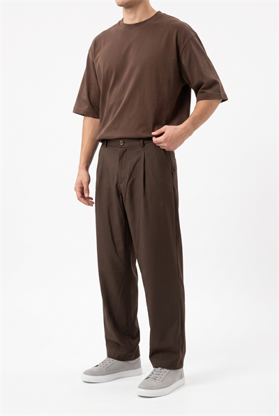 Erkek Pile Detaylı Kumaş Baggy Pantolon Kahve