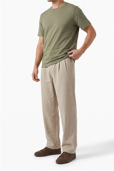 Erkek Pile Detaylı Tensel Baggy Pantolon Bej