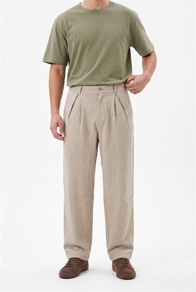 Erkek Pile Detaylı Tensel Baggy Pantolon Bej