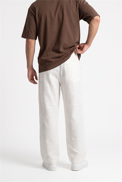 Erkek Pileli Keten Baggy Pantolon Beyaz