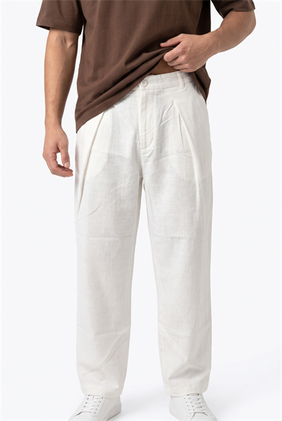 Erkek Pileli Keten Baggy Pantolon Beyaz