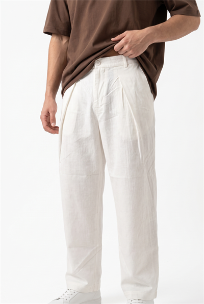 Erkek Pileli Keten Baggy Pantolon Beyaz