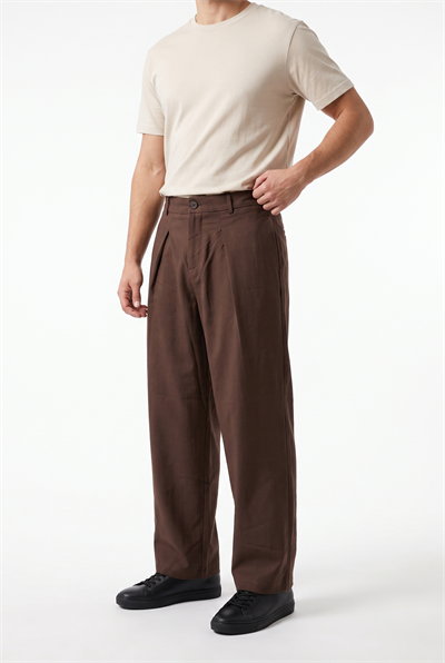 Erkek Pileli Keten Baggy Pantolon Kahve