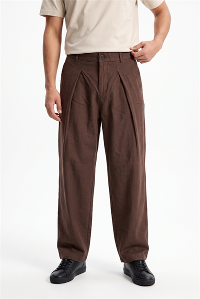 Erkek Pileli Keten Baggy Pantolon Kahve
