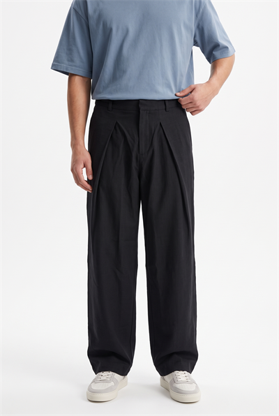Erkek Pileli Keten Baggy Pantolon Siyah